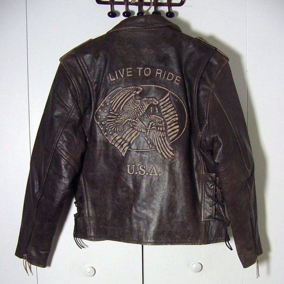 Vtg Brown Leather Gallery Moto Live To Ride Eagle Embossed Leather Jacket Sz L